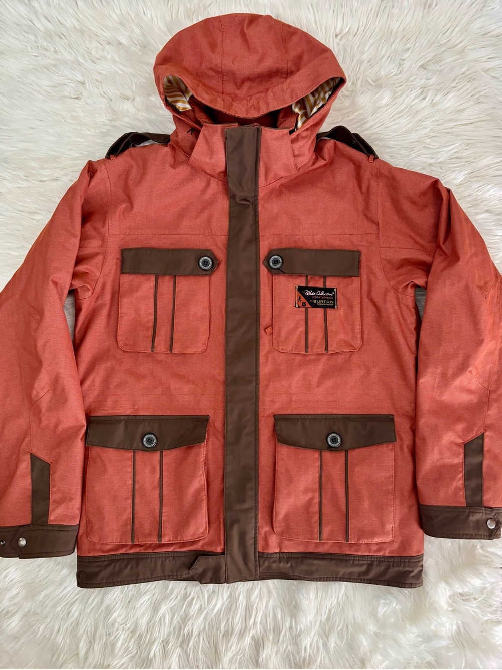 Burton White Collection Heaven’s Reward Ski Snowboard Hooded Jacket Orange Sz L